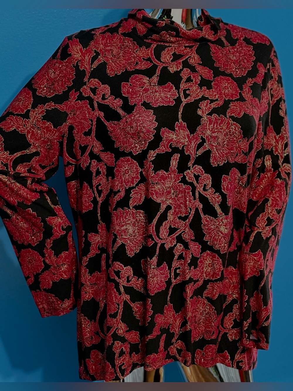 Chico's Black Long-Sleeve Top with Metallic Gold and Red Floral Motif L